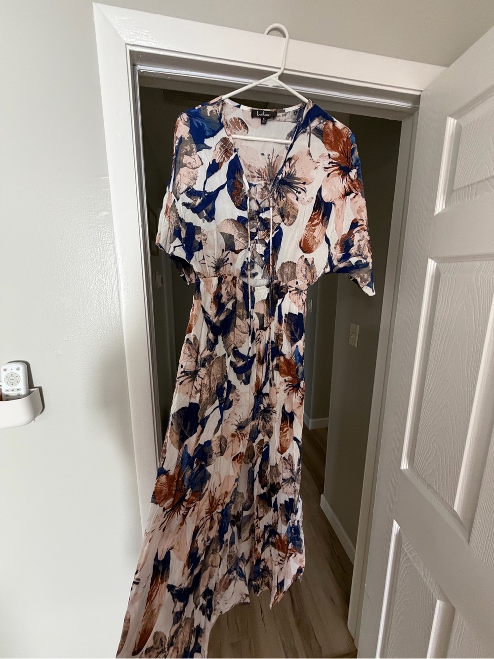 Lulu's Cream Floral Tie-Front Maxi Dress with Navy & Brown Print